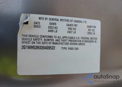 2003 Chevrolet Impala Ls из США, поврежденный, VIN 2G1WH52K039409522